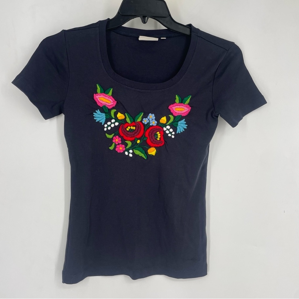 Jackpot Daily Organic Cotton Embroidered Floral Tee Shirt Navy Blue Small Boho - Picture 2 of 6